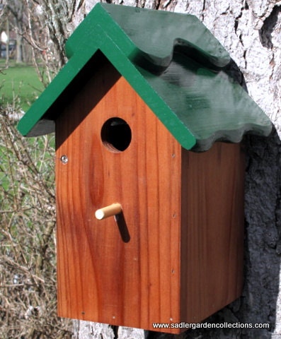 Outdoor Wood Birdhouse / Nesting Box fully functional - California Redwood Green roof made in USA