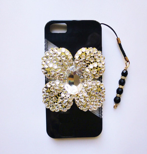 iPhone 5 Swarovski large crystal flower black case with custom crystal charm