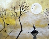 14.75"x30"x.5" Acrylic painting on canvas, girl with birds and misty trees