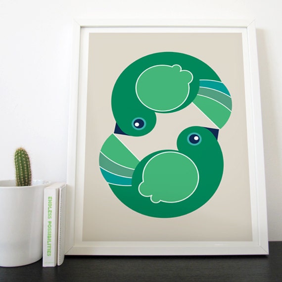 Modern Kids Wall Art Love Birds / emerald green : high quality reproductions from original izzybizzy illustrations