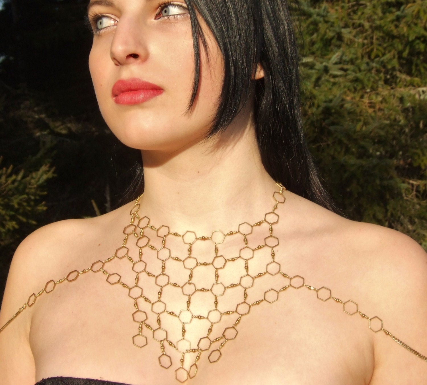 Queen Bee Geometric Body Chain--Decorative Hexagon Chainmaille Body Harness--Lightweight & Elegant--Solid Brass Honeycomb Jewelry--Handmade