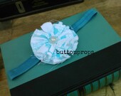 White and Teal Birdcage headband, Birdcage fabric Teal Headband, Vintage button Headband