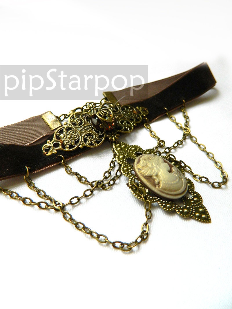 Victorian STEAMPUNK Velvet brown choker - Bronze filigree cameo set pendant choker with chandlier chains - Neo Classical baubles and Jewelry