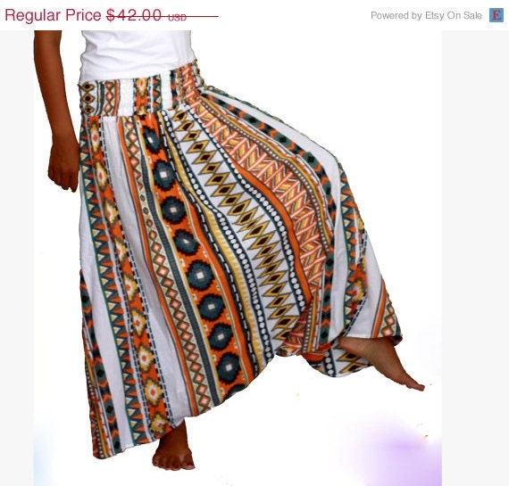 ON SALE Tribal Print Harem Pants, Aztec Harem Skirt , Long Harem Pants - Ready to Ship