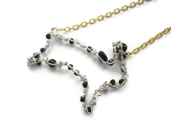 Leaping black and silver bunny rabbit necklace, wire wrapped, Czech glass