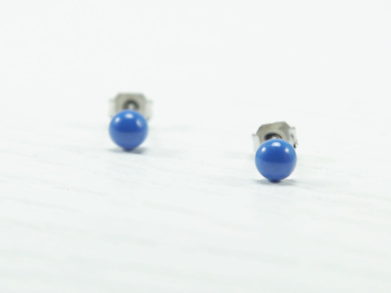 Royal Blue Tiny Stud Earrings 4mm - Ultramarine Blue Stud - Nautical Small Ear Stud - Dainty Casual Bright Color Post Earrings by Biesge