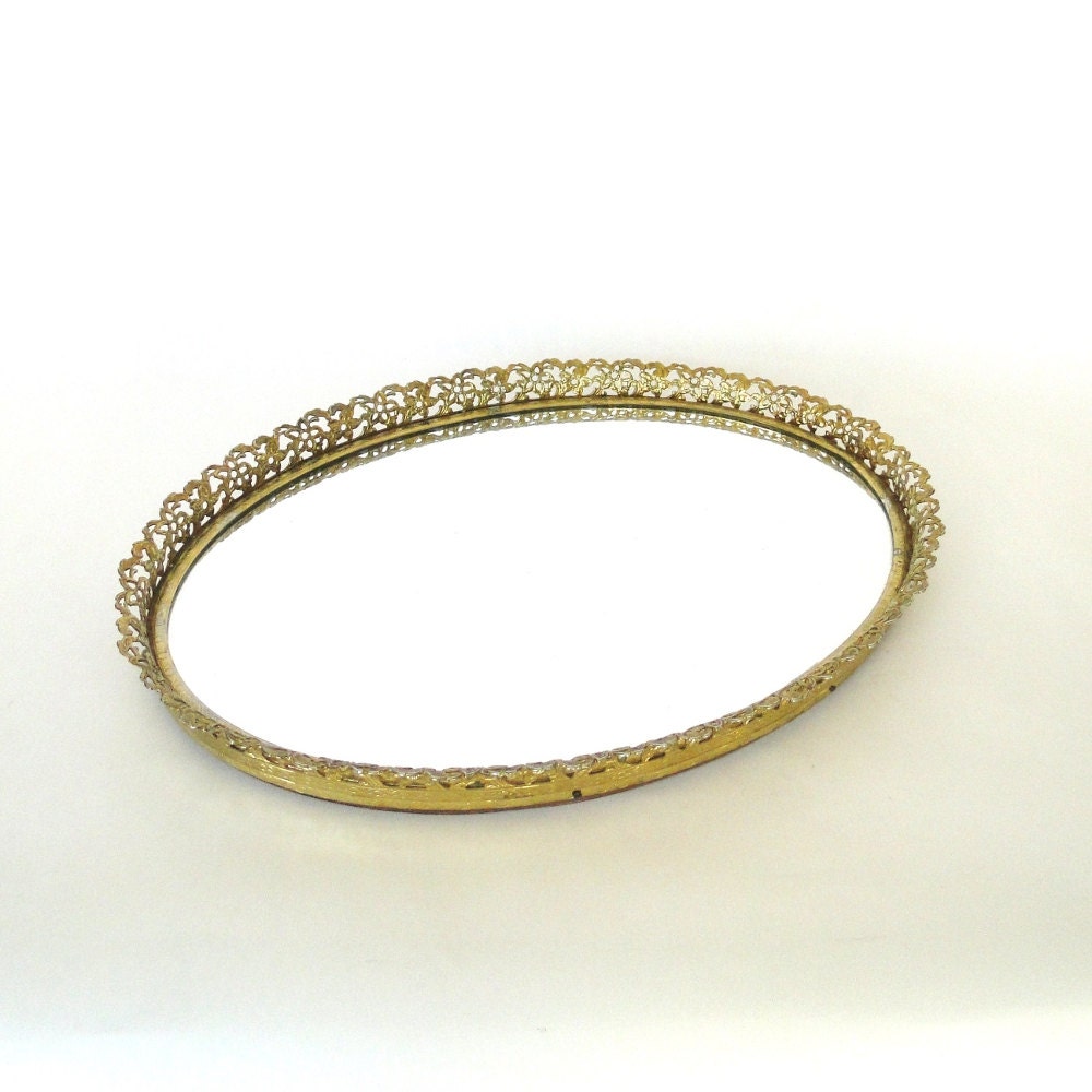 Vintage Mirror Vanity Tray Brass Metallic Filigree Lacy Cutwork Metal Dresser Frame Wall Mount Mirror Jewelry Perfume Display