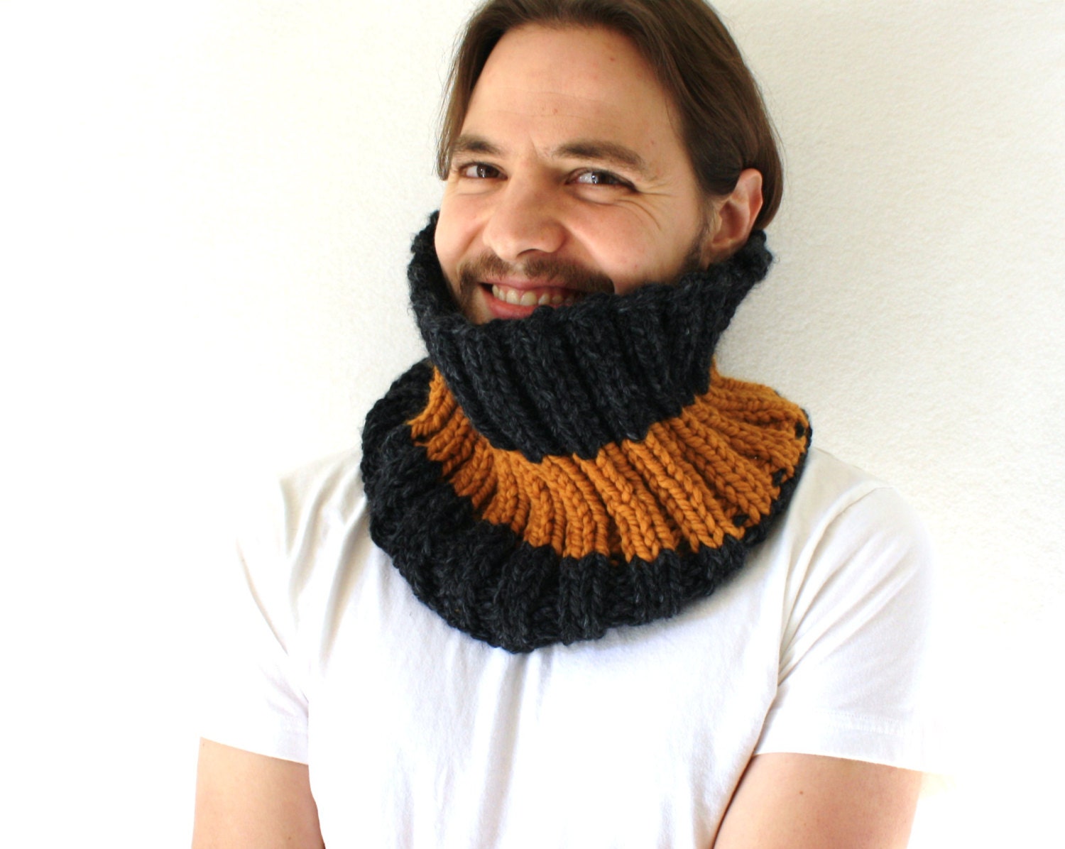 Grey and Golden Knit Cowl - Hand Knit Scarf - Chunky Cowl - Charcoal Grey - Stripes - Men's Cowl - TheSilkMoon