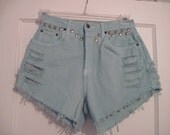 womens denim cutoff  shorts frayed ripped destroyed size 6 High Waist  29 inch studs adde hand dyed