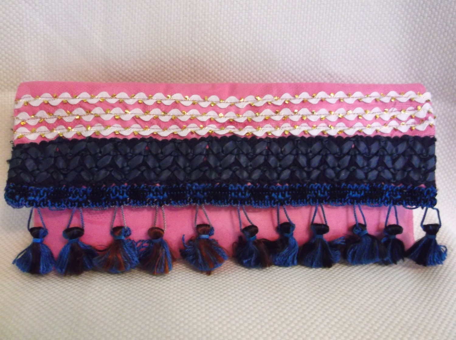 Clutch Purse, Pink , Fabric, Cotton, embroidered, embellished, Leather trim, tassels - Small clutch purse