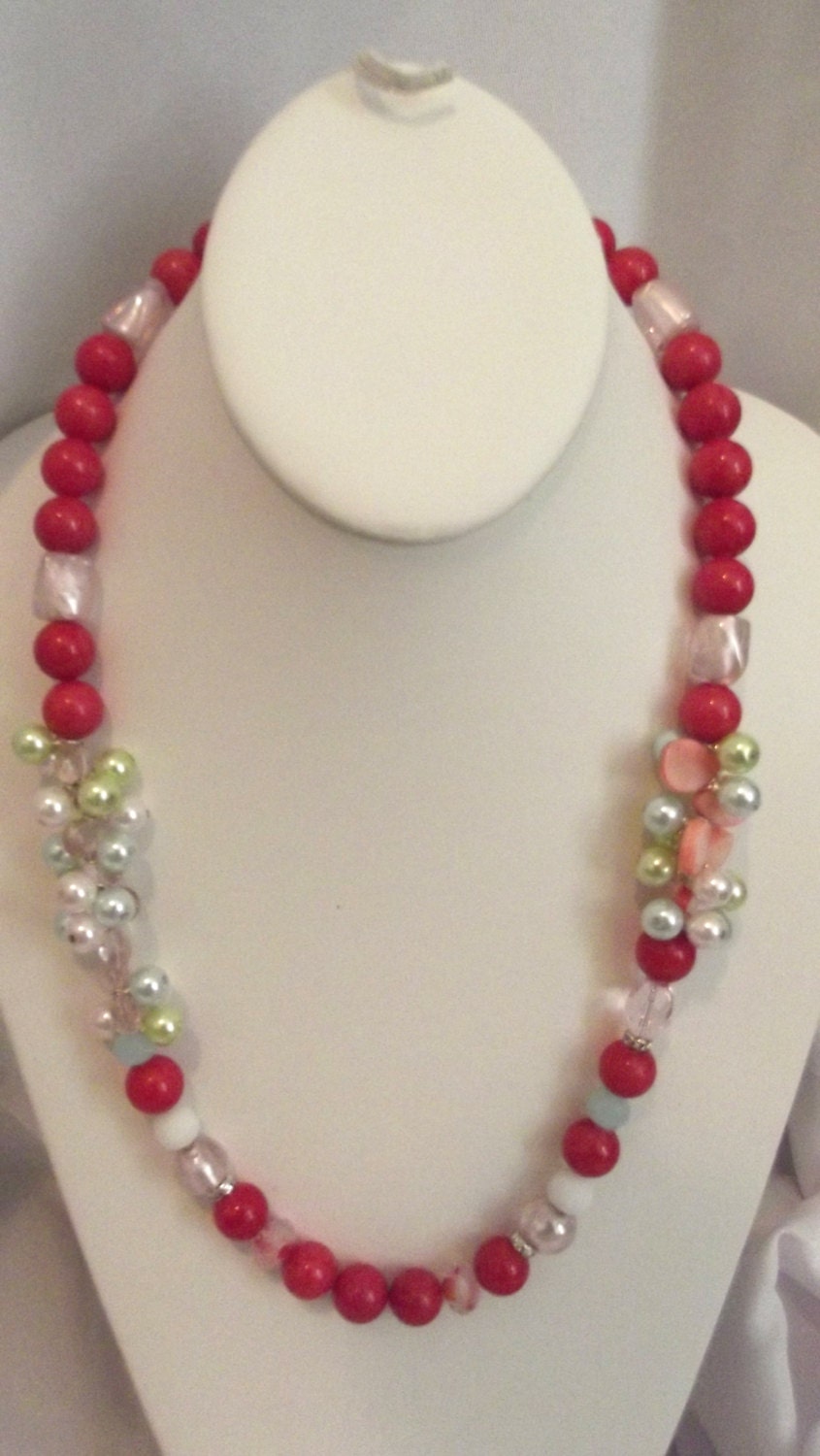 Pink Turquoise, Cultured Pearls , Mother of Pearls ,  Czech Pink Glass,  OOAK, Summer, Party, Long Necklace Set