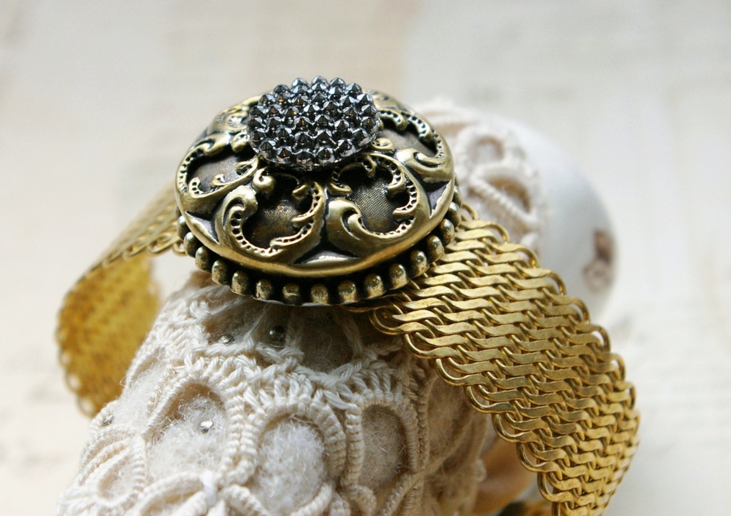 Antique Button  Bracelet, Cuff Bracelet, Upcycled Jewelry, Mesh Metal Cuff Bracelet, Handmade by Donna Sutor