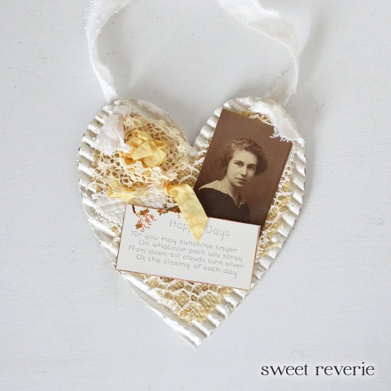 Heart Card Decoration - Shabby Chic Vintage Poem - Mixed Media Textile Collage Birthday Gift for Friend, BFF