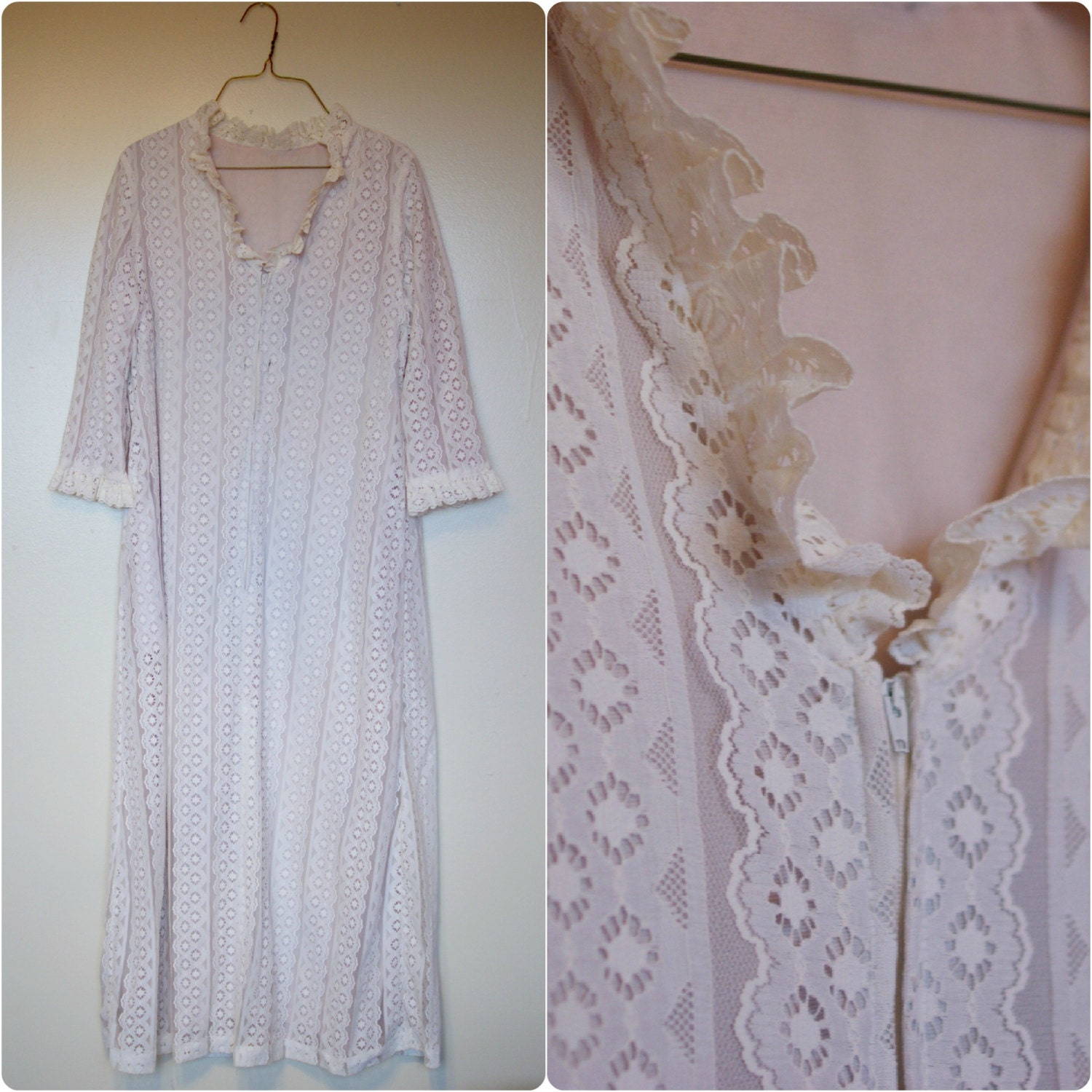 Vintage White & Lilac Lace Nightgown with Ruffle Details