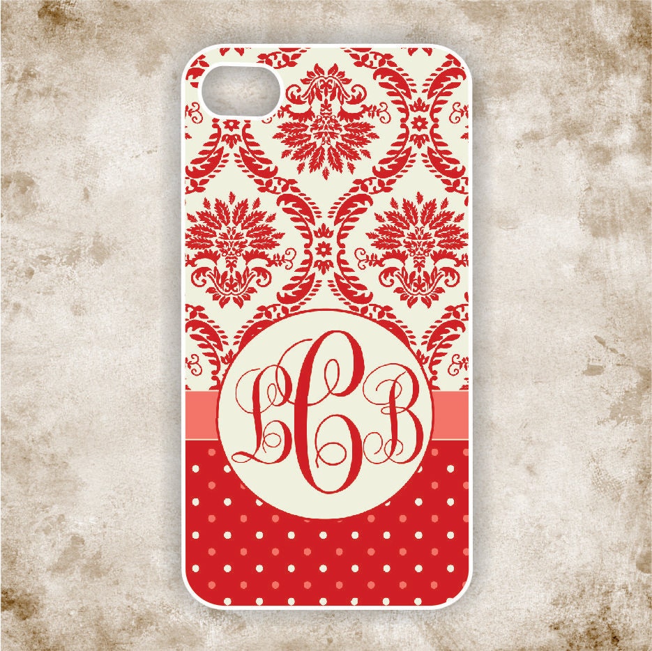 Monogrammed iPhone 5 Case - Red & Creme Damask with Polka Dots  Monogram iPhone - iPhone Case, iPhone 5 Cover, Monogram iPHONE 5 (iM5102)