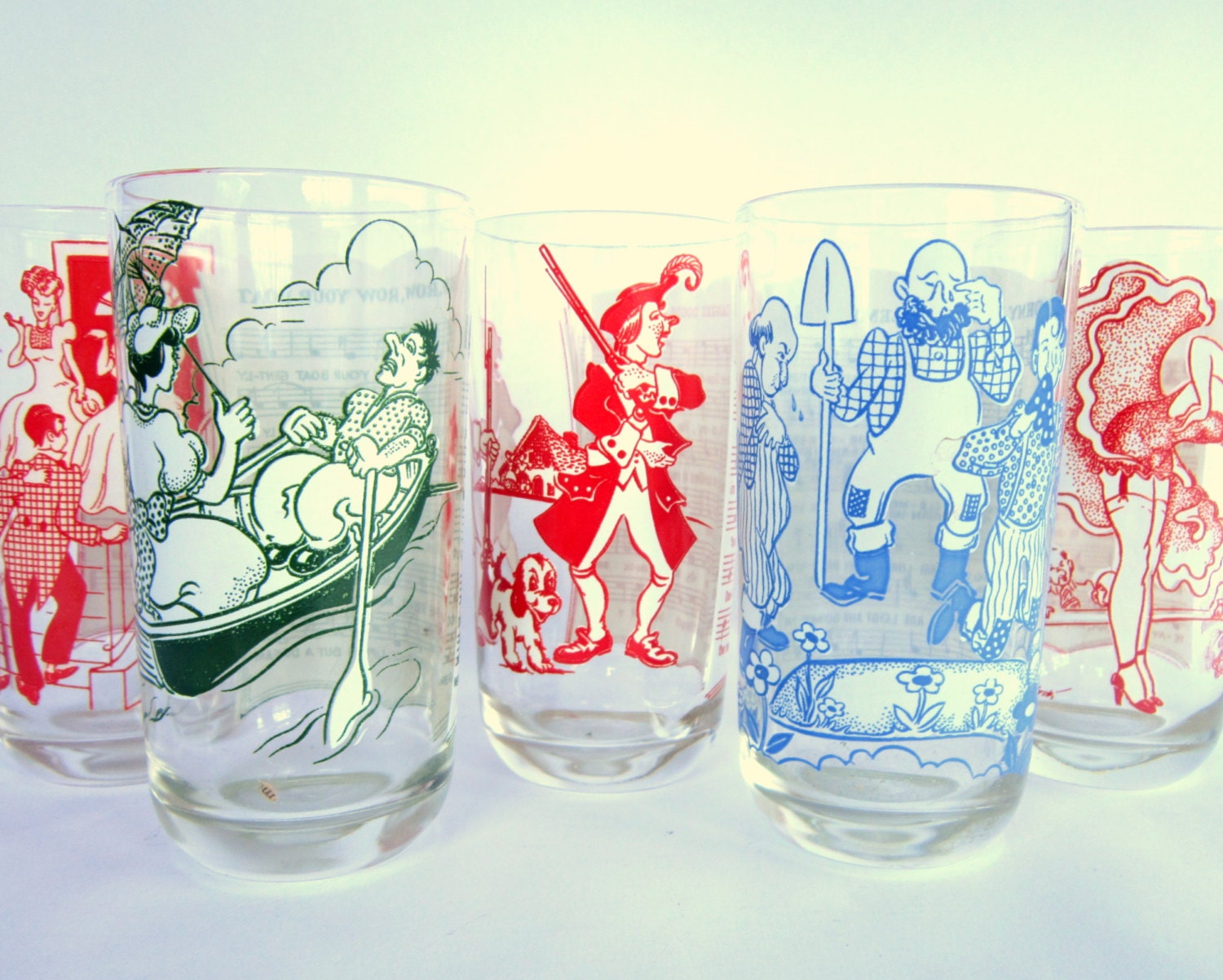 Big Top "Sing-A-Song" Peanut Butter Glasses, Set of 5 Vintage Tumblers: Goodnight Ladies, Row Your Boat, Yankee Doodle and more