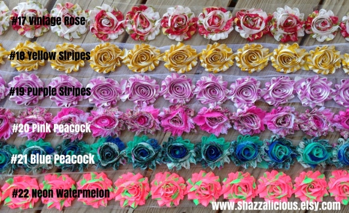 1 Yard Patterned Shabby Chiffon Flowers YOU PICK 2 colors in 1/2 yard increments beautiful rosettes wholesale baby headband supply polka dot