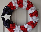 Patriotic red white and blue ribbon wreath