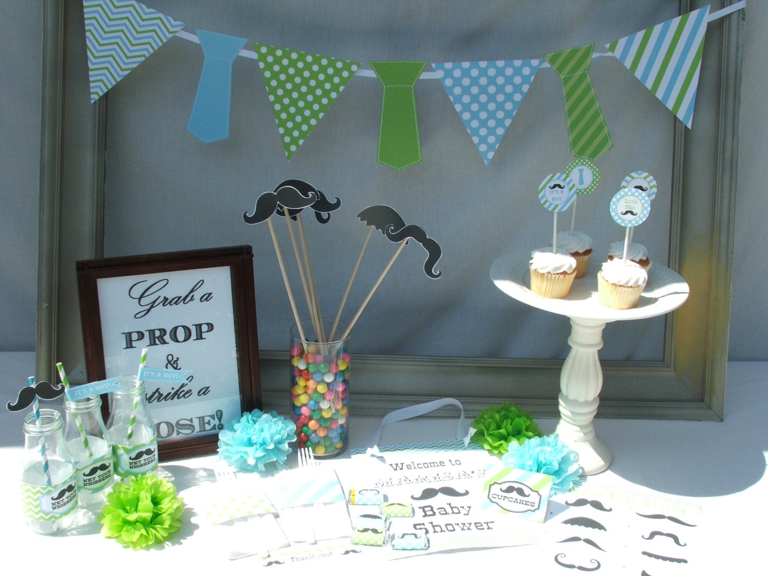INSTANT DOWNLOAD version--Boy Baby Shower Decorations Mustache Little Man blue green Printable pdf Package