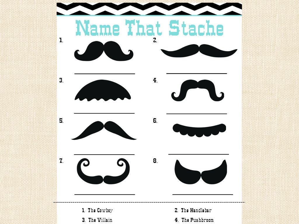 Mustache Game Name that Stache mustache baby shower game black aqua printable INSTANT DOWNLOAD