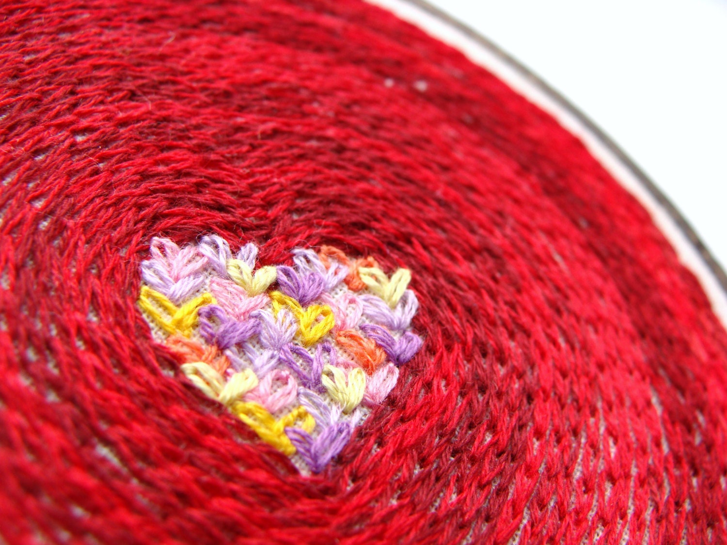 Hand embroidered Heart Hoop Art - 5 inch stained wood hoop, pink, red, colorful wall hanging, custom work available