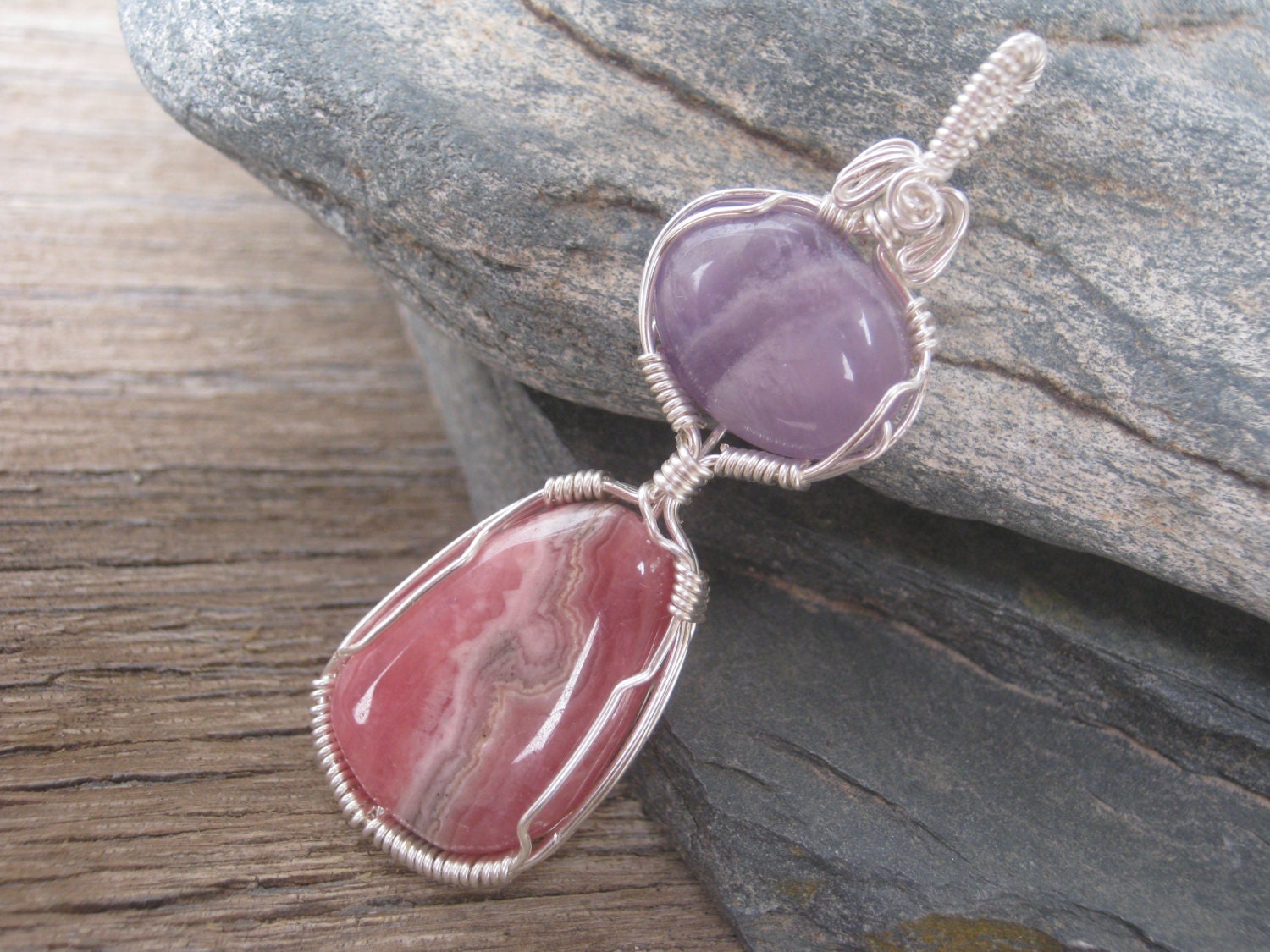 Amethyst Rhodochrosite Wow Silver Wire Wrapped Pendant, Anxiety Panic Pendant