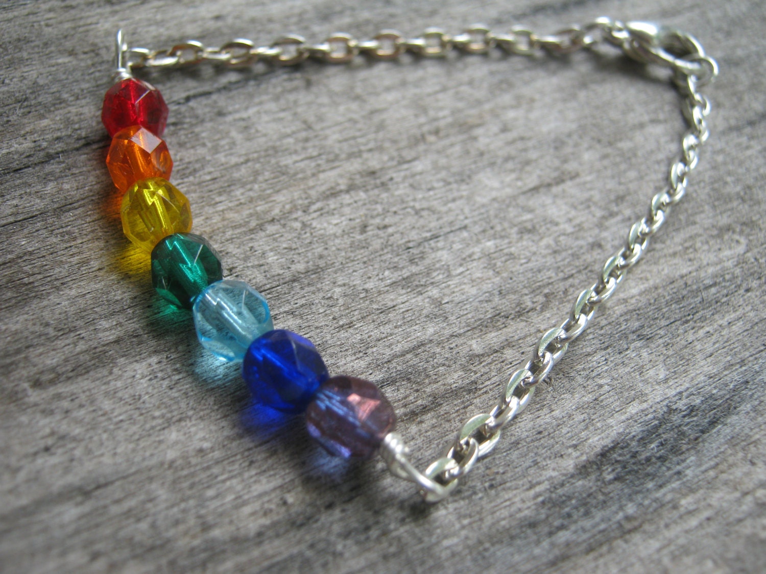 Chakra Rainbow Bracelet, Czech Crystal Hand Linked with Lobster Claw Clasp 7.25 Inches