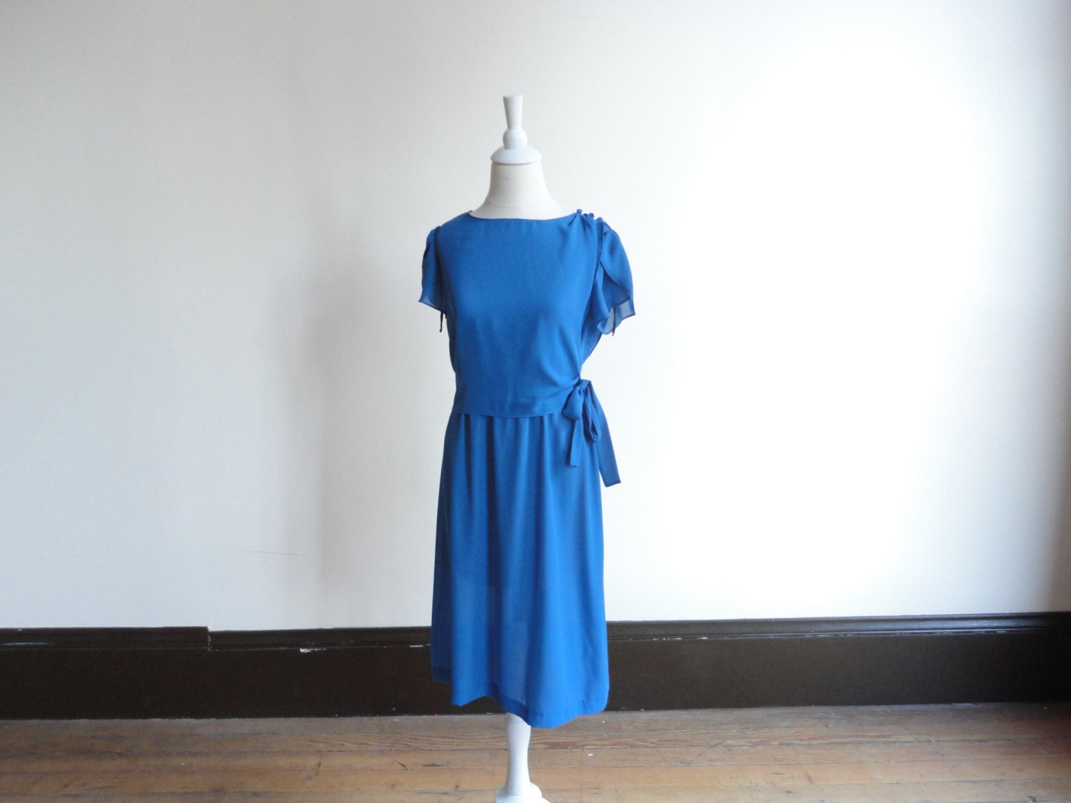 short sleeved dress , 80s dress, blue sheer dress, short blue dresses