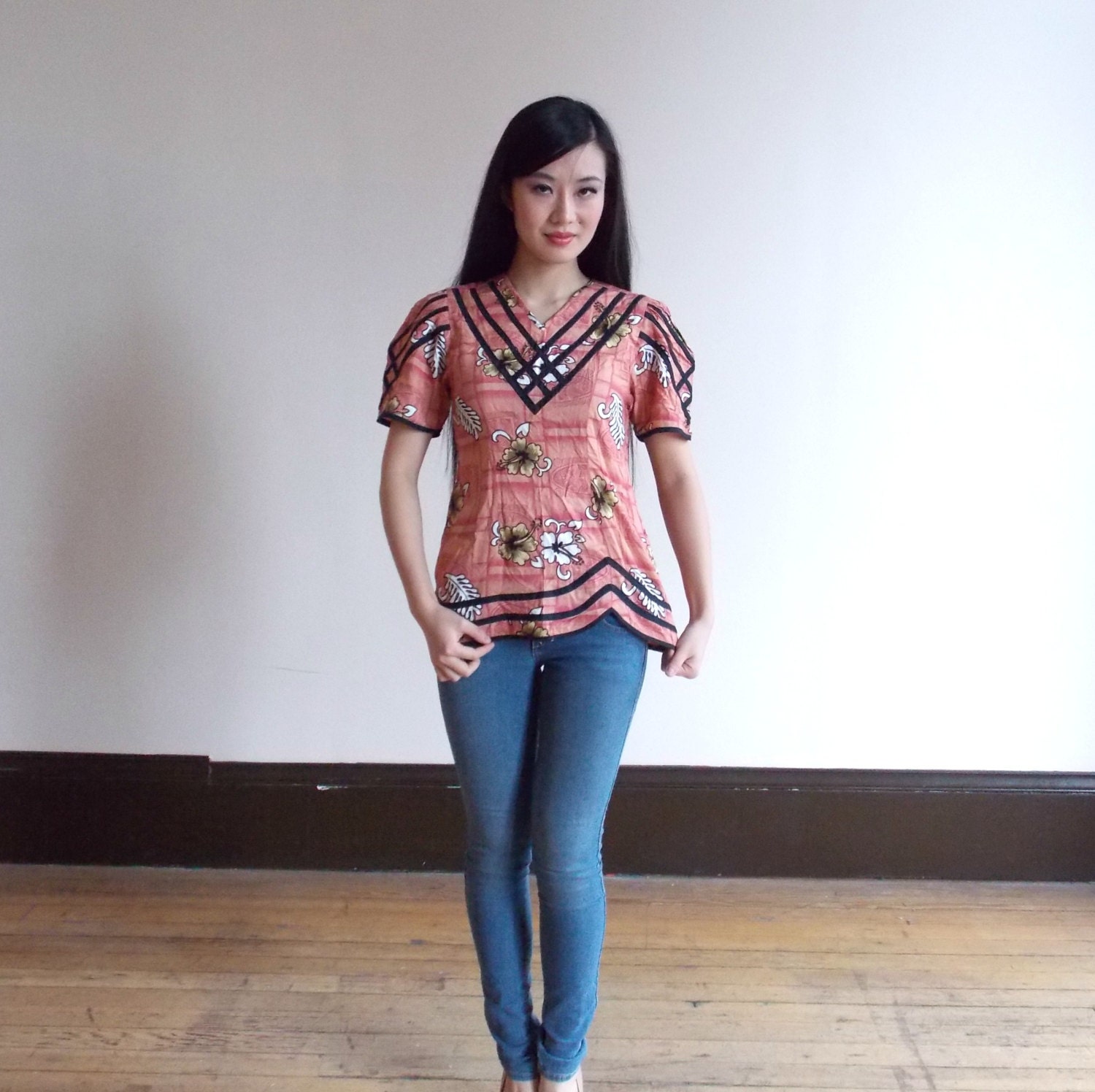 ethnic shirts, orange top, asian print top, printed shirt