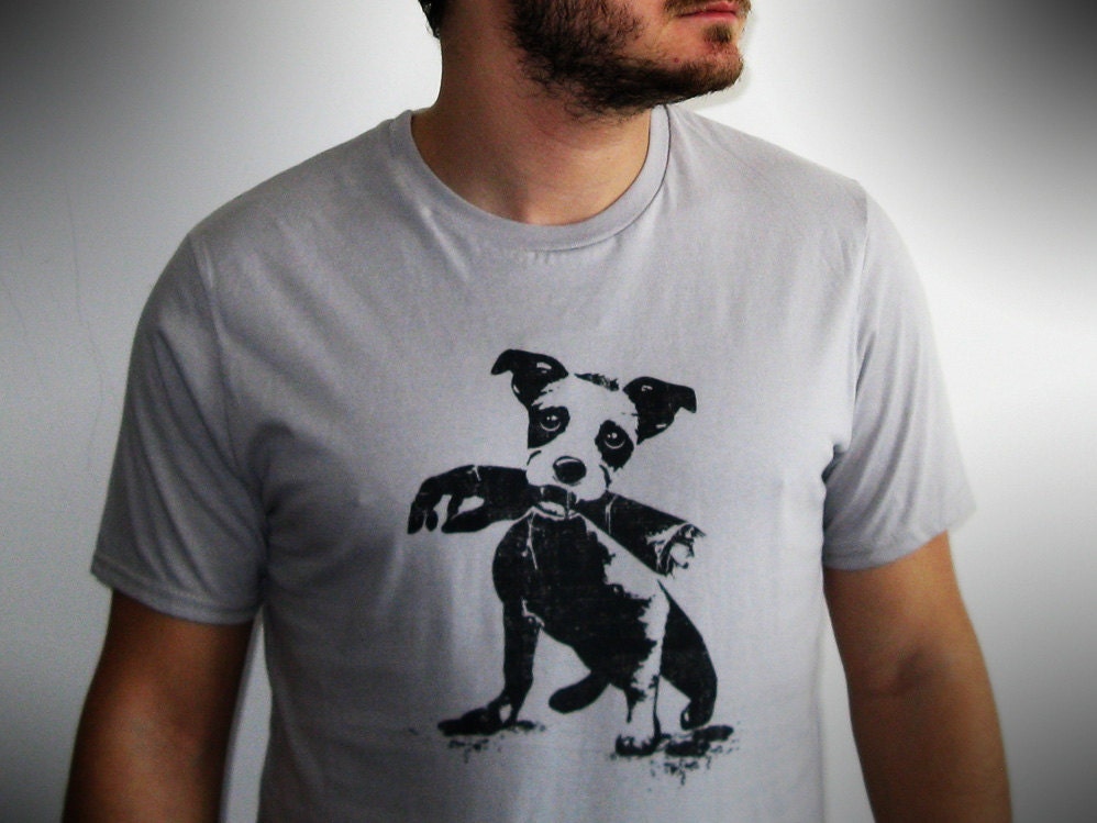 T shirt men dog hand bone light gray black funny goth zombie scary blood shirt