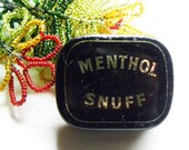 Antique Primitive Vermont 1800s Black Enamel Tin Snuff Box Hand Pressed Hinge Box Gold Letters