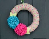 Burlap Wreath, with Magenta and Teal Blue Felt Flowers with Lime Green Leaves, Spring Wreath