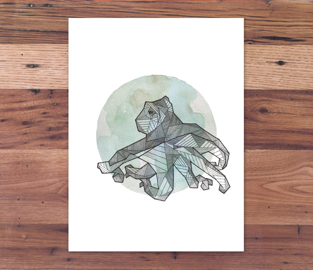 Full Moon Intricate Geometric Octopus - Spirit Animal Print from Handmade Ink & Watercolor Painting