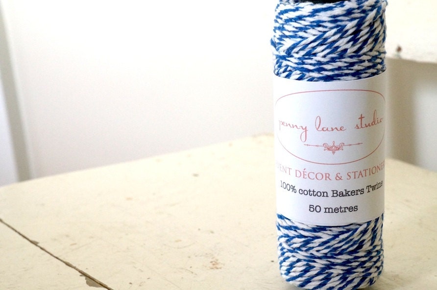 Ocean Deep and White 100% cotton Bakers Twine - 50 metre roll - Tags, craft, bonbonerie