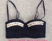 Studded Bustier Longline Bra Crop Top Black Lace - Silver or Gold Studs -