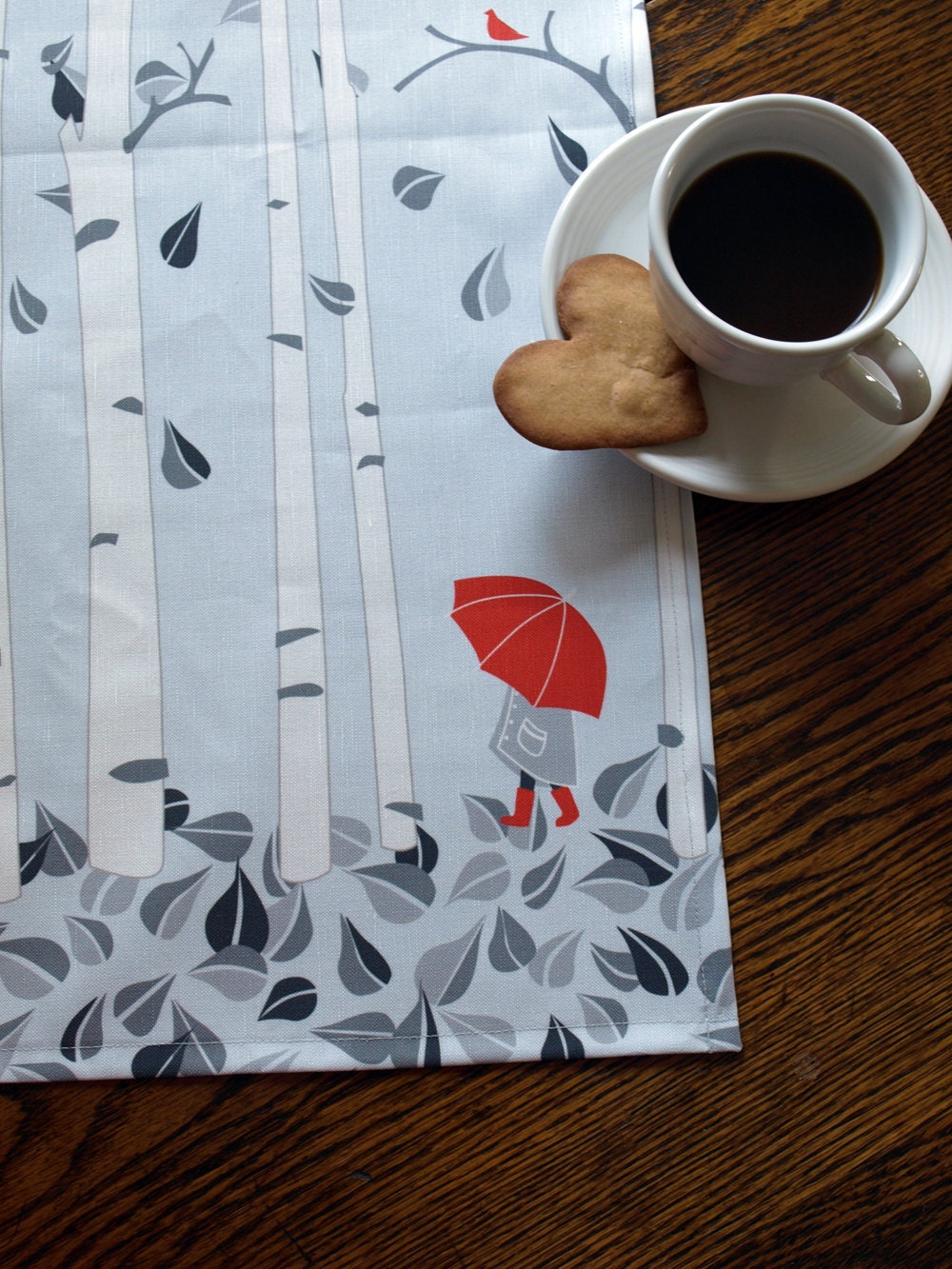 Red Umbrella Birch Tree Tea Towel in Grey and Red on Linen Cotton