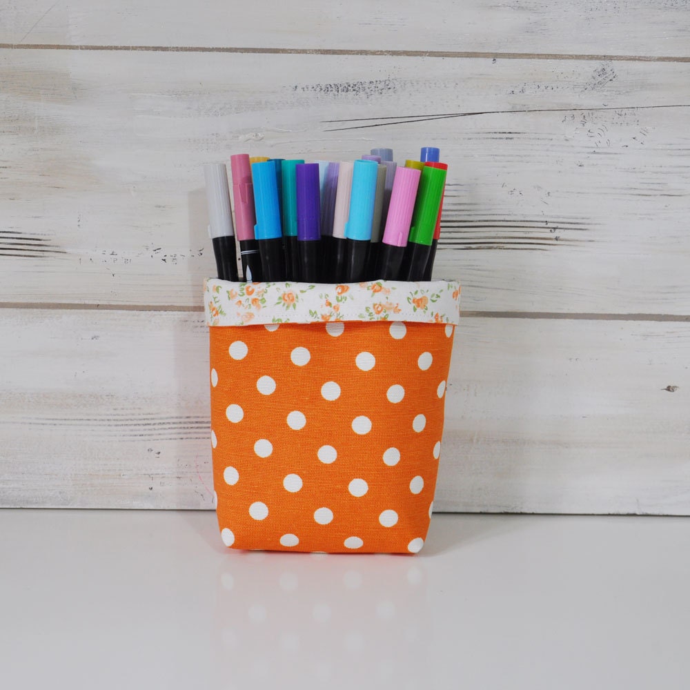 Mini Fabric Basket Storage Organizer Bin - Orange Polka Dots