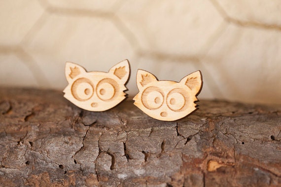 Raccoon Post Earrings Lasercut Birch Wood - Mika  - Woodland Creature Jewelry