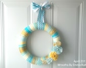 Summer Blue Teal Yellow Yarn Wreath with Chevron Ribbon and Rolled Fabric Rosette Flowers