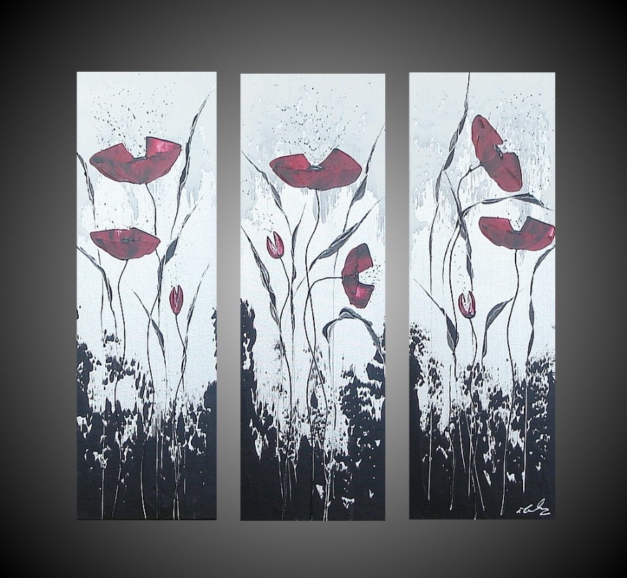 24 x 24 ORIGINAL Abstract Acrylic Painting Red Poppies Floral Flowers Black White Silver large 3 panel Modern Fine Art FREE SHIPPING