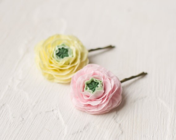 Ranunculus hair clip flower bobby pin set yellow pink ranunculus flower - valentines day, gift for her