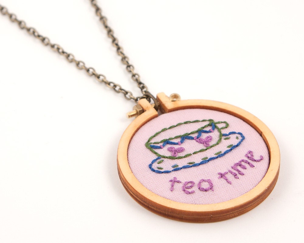 Tea time embroidered necklace - lavender, lilac, olive, teal, purple - CUP of TEA - miniature hoop - made with love by dandelyne