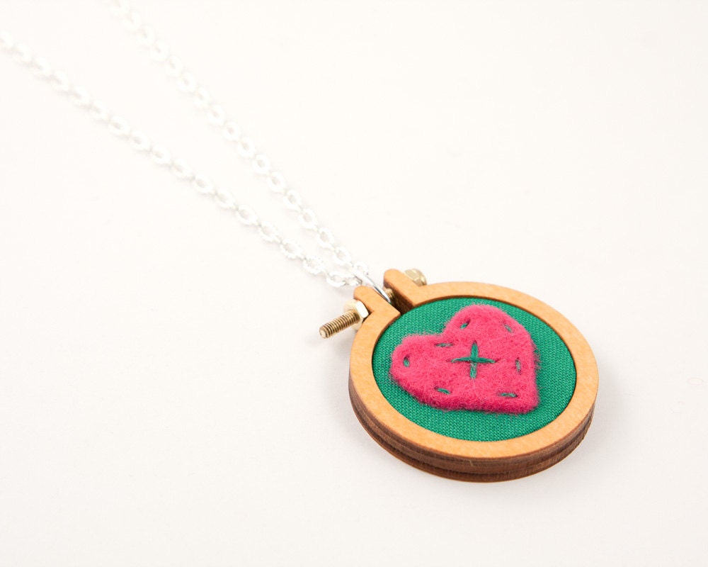 LOVE HEART embroidery hoop necklace - green and hot pink - cross my heart - made with love by dandelyne