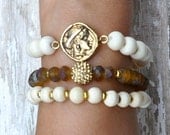 NEW Ivory Bone and Gold Coin Beaded Bracelets / Designer Bracelets / Set of 3