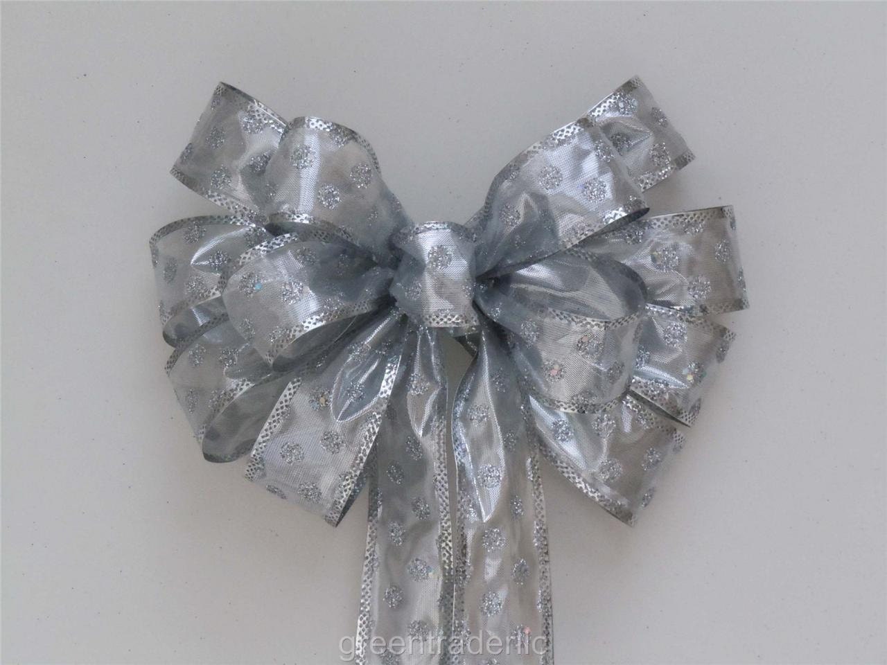 Silver Wedding Bow Silver Polka Dots Party Decoration Bow Church Pew Bow Silver Shower Anniversary Bow Wreath Bow Gift Bow