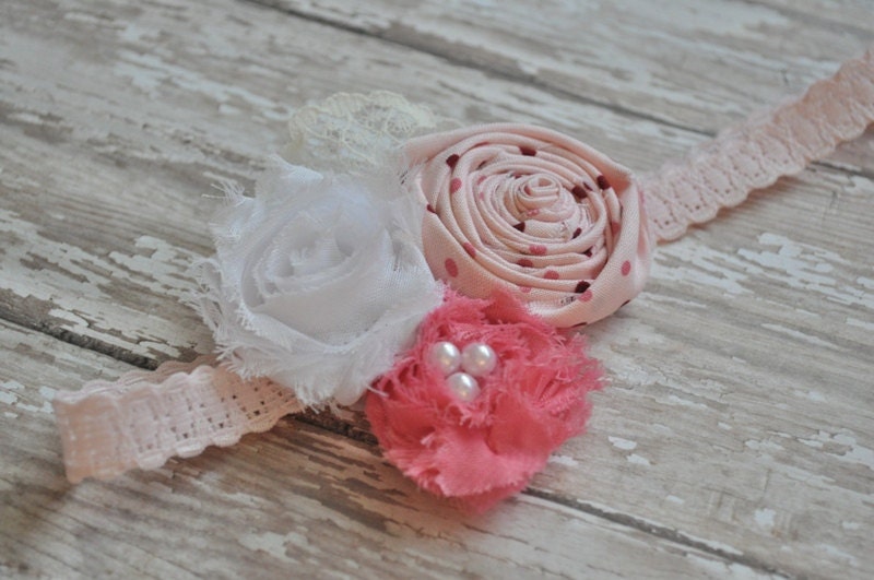 Adeline. Pink shabby chiffon and white chiffon flower with pink polka dot rosette headband on light pink stretch lace headband.
