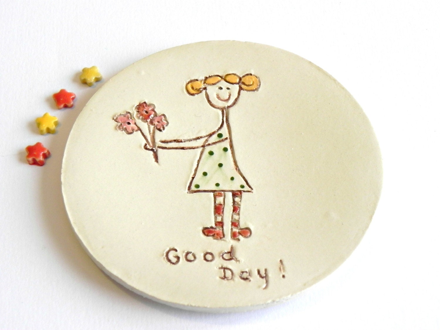 Ceramic Ring Dish Good Day Plate Blond Girl with Flower Polka Dots OOAK Candle Holder