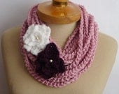 Pink Infinity Scarf, Crochet Chain Necklace, pink color,scarflette, gift under 20, 2 Flowers Crochet - ecru and  eggplant color