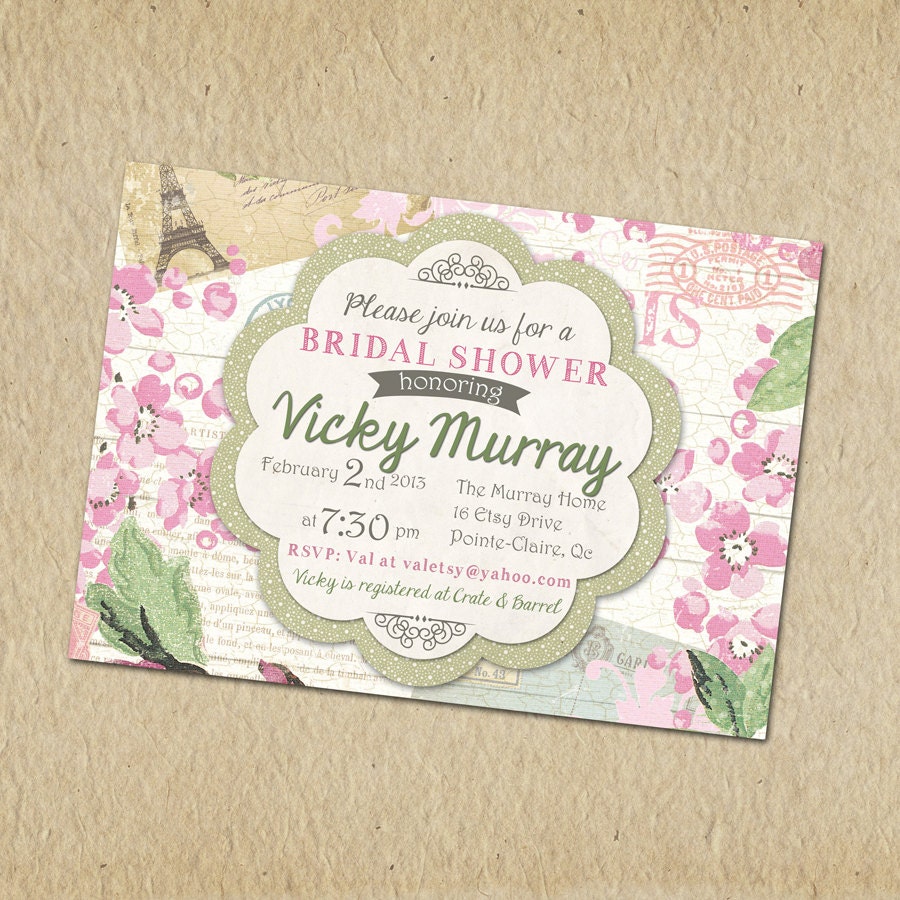 Bridal Shower Invitation- Shabby chic, Paris, vintage inspired, pinks and green floral - Customized, Digital, Printable designs Il_570xn