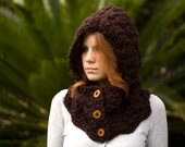 Hooded Cowl, Wood Button Crochet hooded scarf, Brown Woodland Scoodie